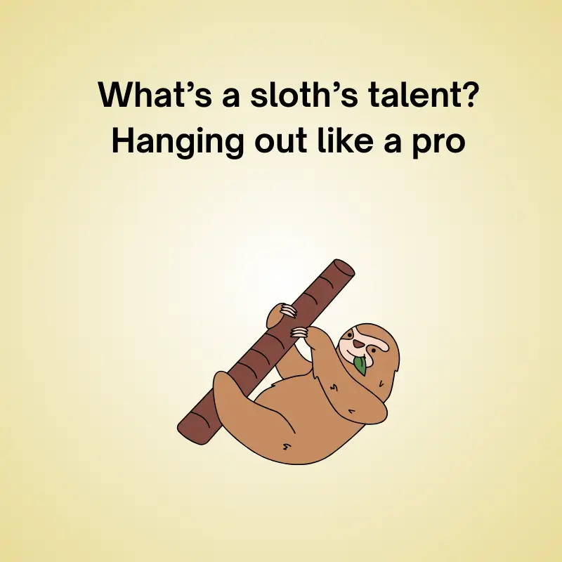 Joke illustration of a sloth: "What’s a sloth's talent? Hanging out like a pro."