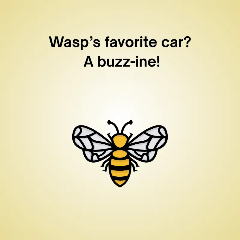 Funny pun featuring a wasp: 'What’s a wasp’s favorite car? A buzz-ine!'