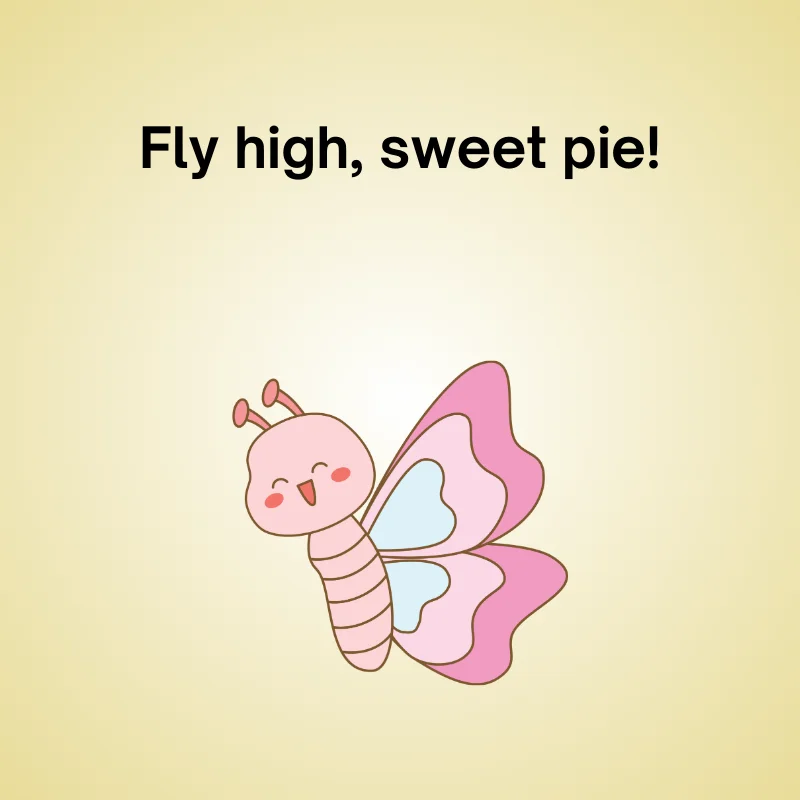 Butterfly in a funny pun: 'Fly high, sweet pie!'