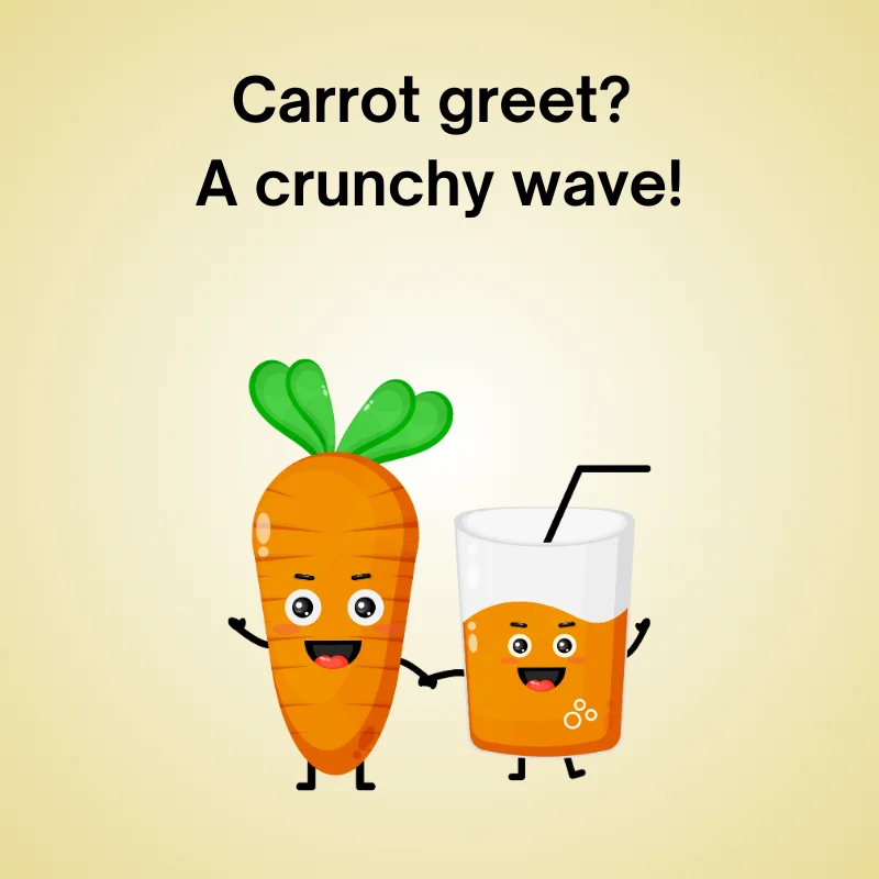 Carrot joke illustration: 'Carrot greet? A crunchy wave!'
