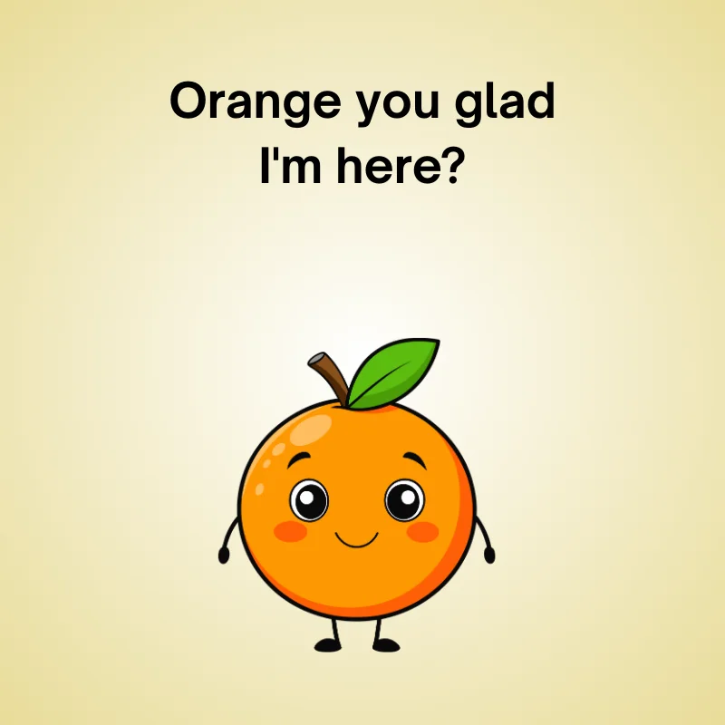 Illustration of orange with pun: 'Orange you glad I'm here?'