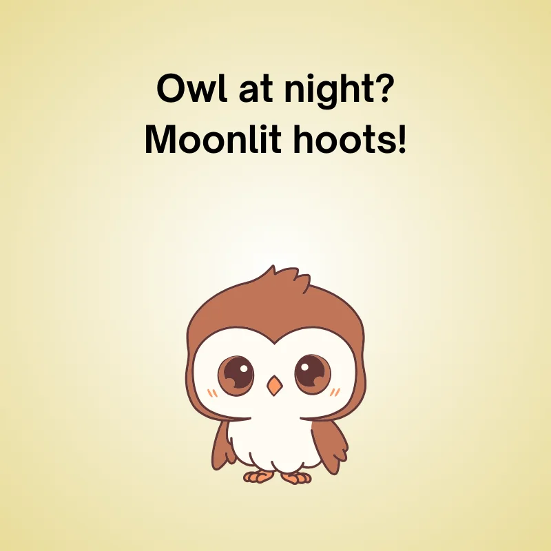 Illustration of owl with joke: 'Owl at night? Moonlit hoots!'