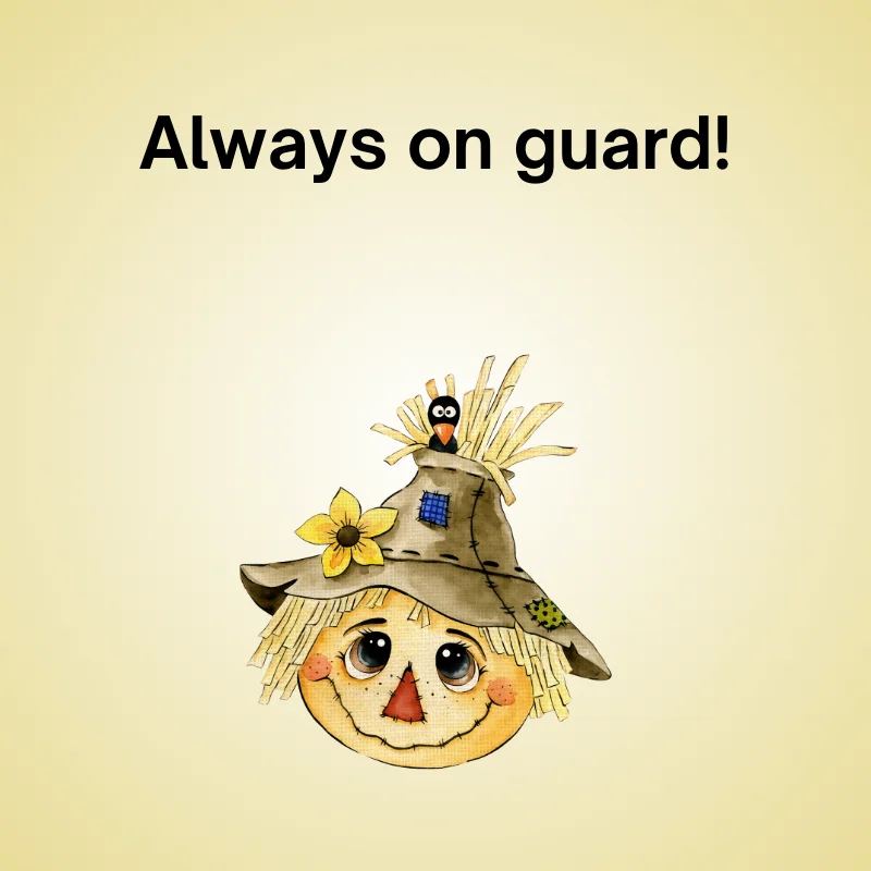 Scarecrow in a funny joke: 'Always on guard!'
