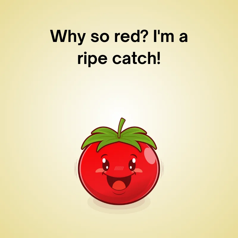 Funny tomato joke illustration: 'Why so red? I'm a ripe catch!'