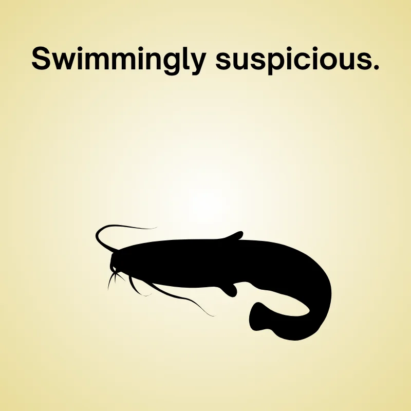 Catfish joke illustration: 'Swimmingly suspicious.'