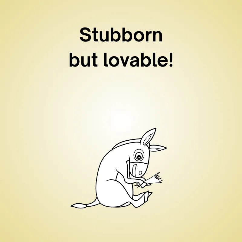 Donkey in a funny joke: "Stubborn but lovable!"