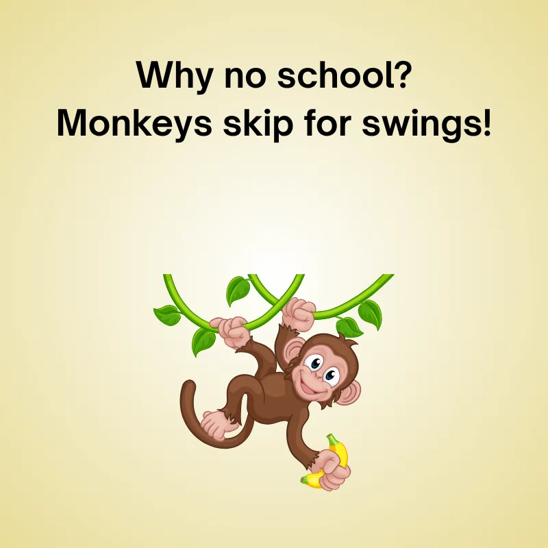 Illustration of monkey with caption: 'Why no school? Monkeys skip for swings!'