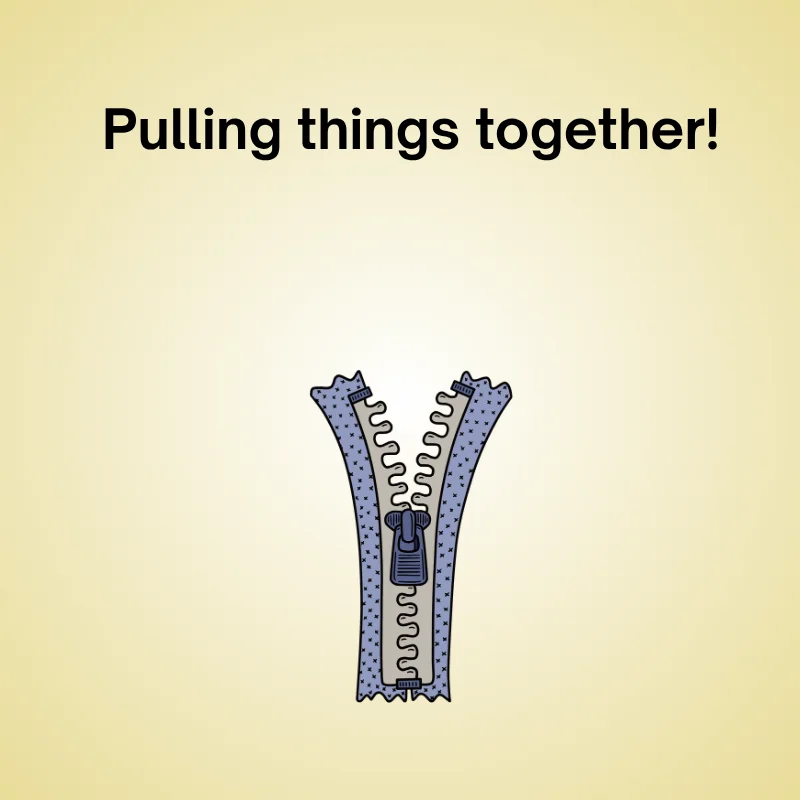 Illustration of zipper with caption: 'Pulling things together!'
