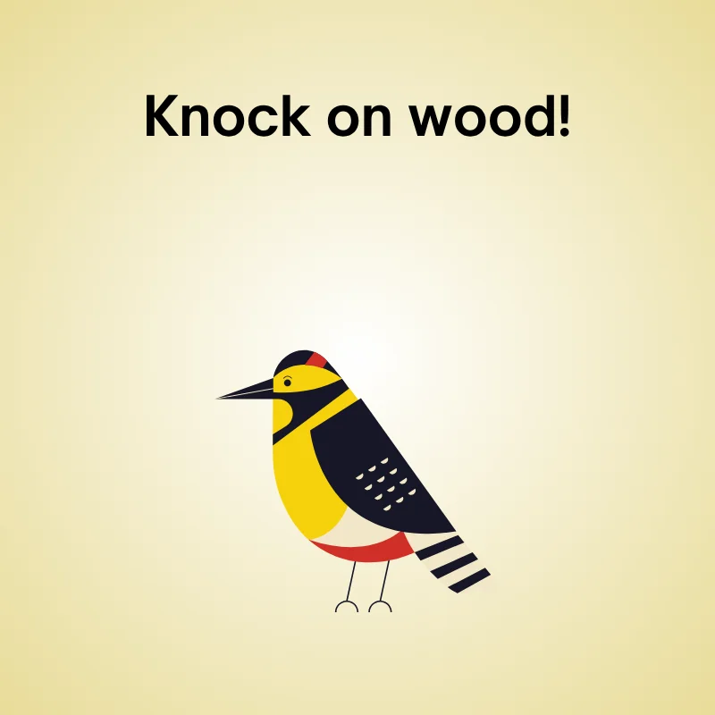 Adorable woodpecker illustration featuring 'Knock on wood!'
