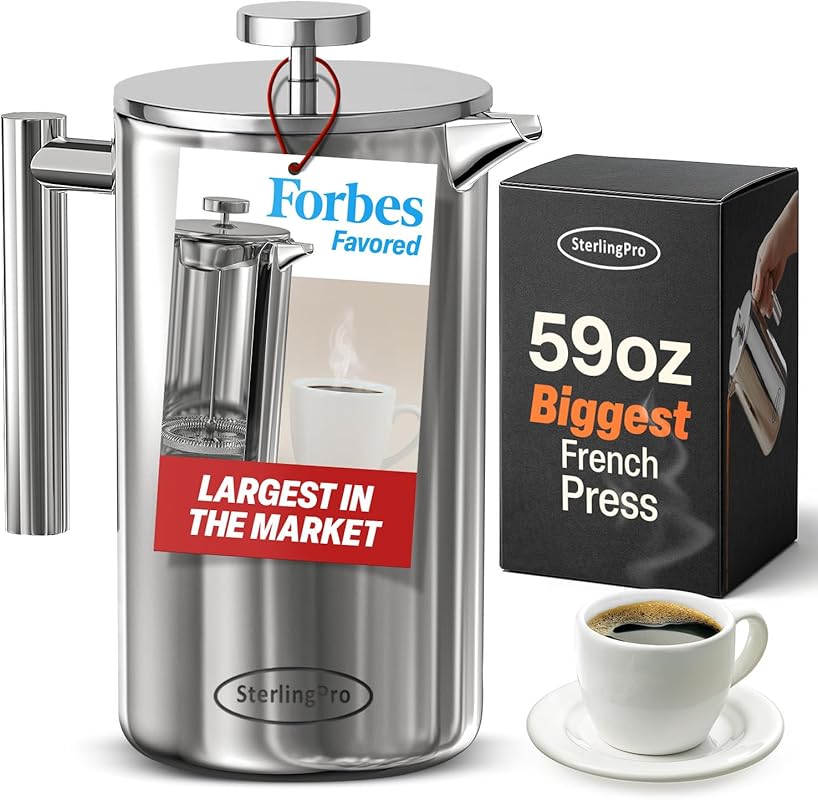 Extra Large 1.75L Stainless Steel French Press Coffee Maker, Double Wa