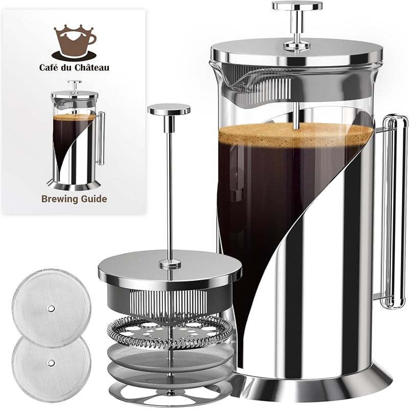 Cafe Du Chateau Stainless Steel French Press 34 oz with 4-Level Filtra