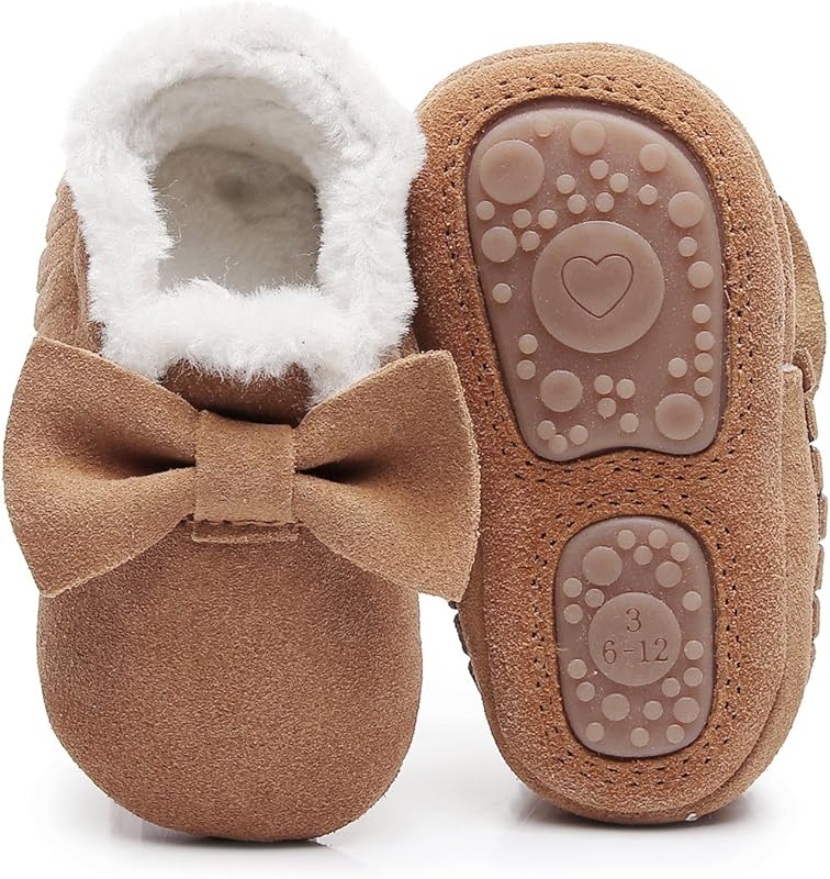 HONGTEYA Baby Moccasins with Fur Fleece Lining, Rubber Soles, Warm Lea