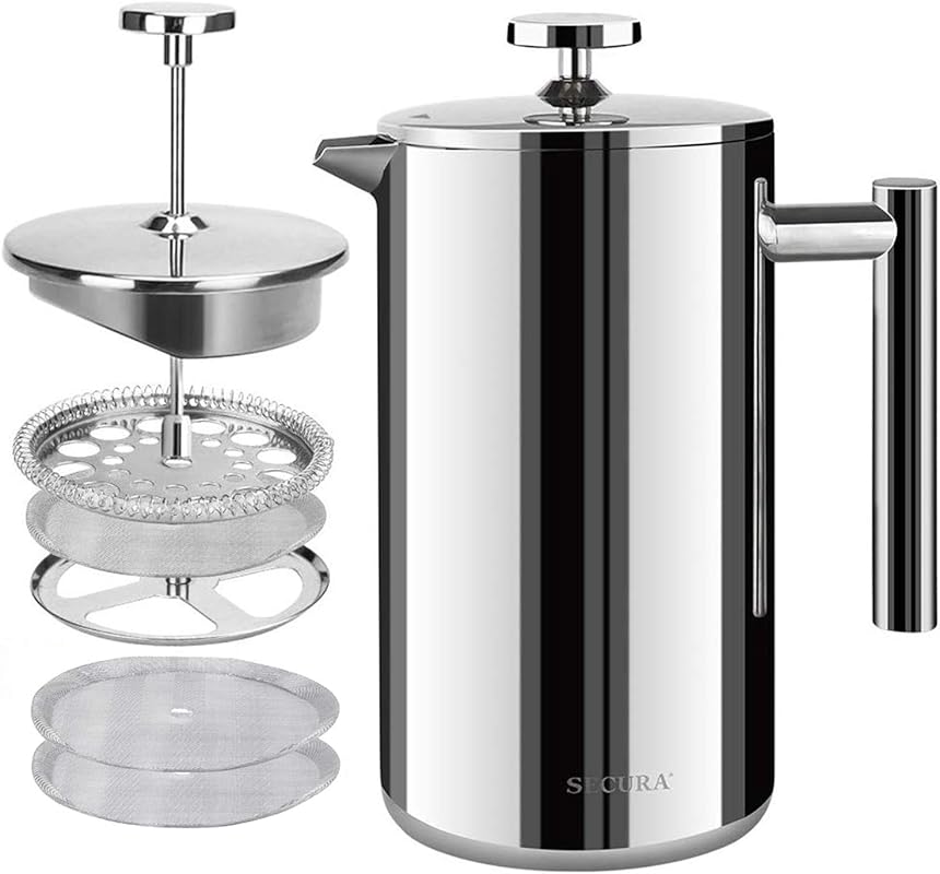 Secura 50oz Stainless Steel French Press Coffee Maker with 2 Extra Scr
