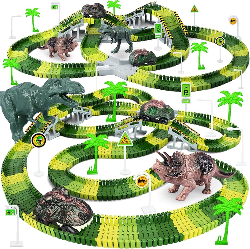 Dinosaur Toys Road Race Playset with Flexible Track and 2 Dinosaur Car
