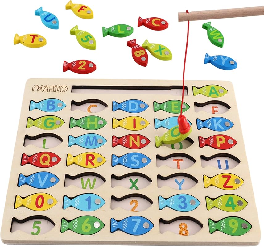 Magnetic Wooden Fishing Game Toy for Toddlers - Alphabet Fish Catching