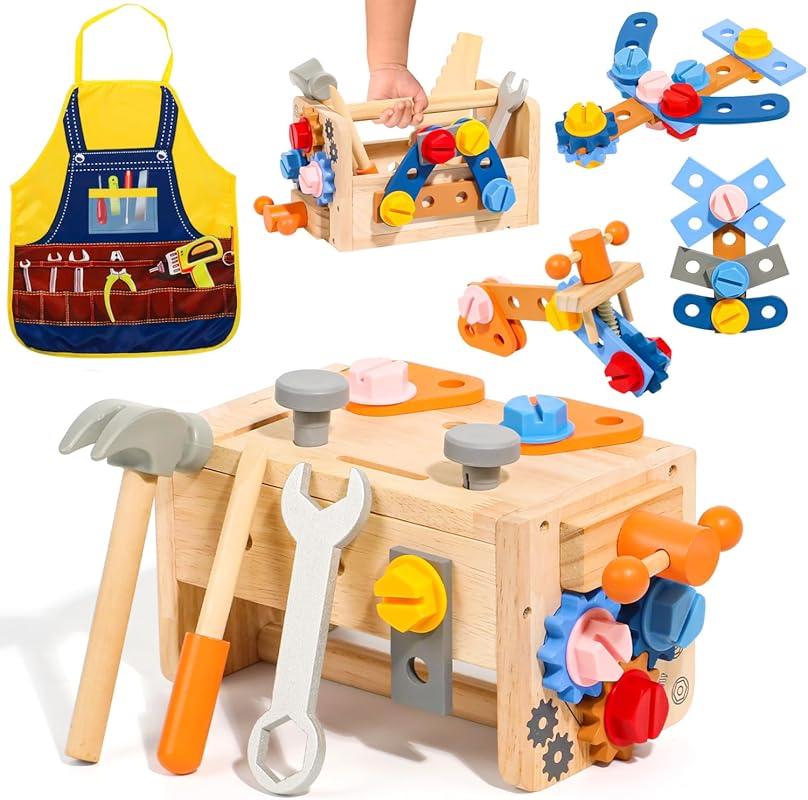 TONZE Kids 39 PCS Wooden Tool Set with Apron, Montessori STEM Pretend 