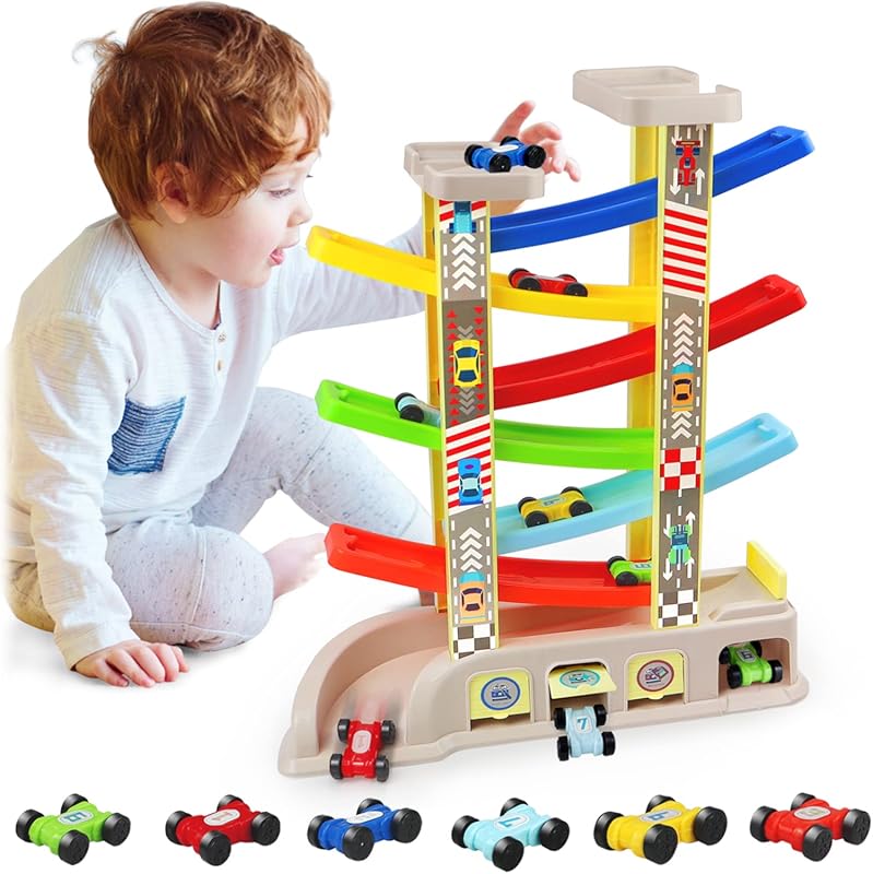 Montessori Car Ramp Toy for Toddlers 18 Months+, Includes 6 Cars, Race