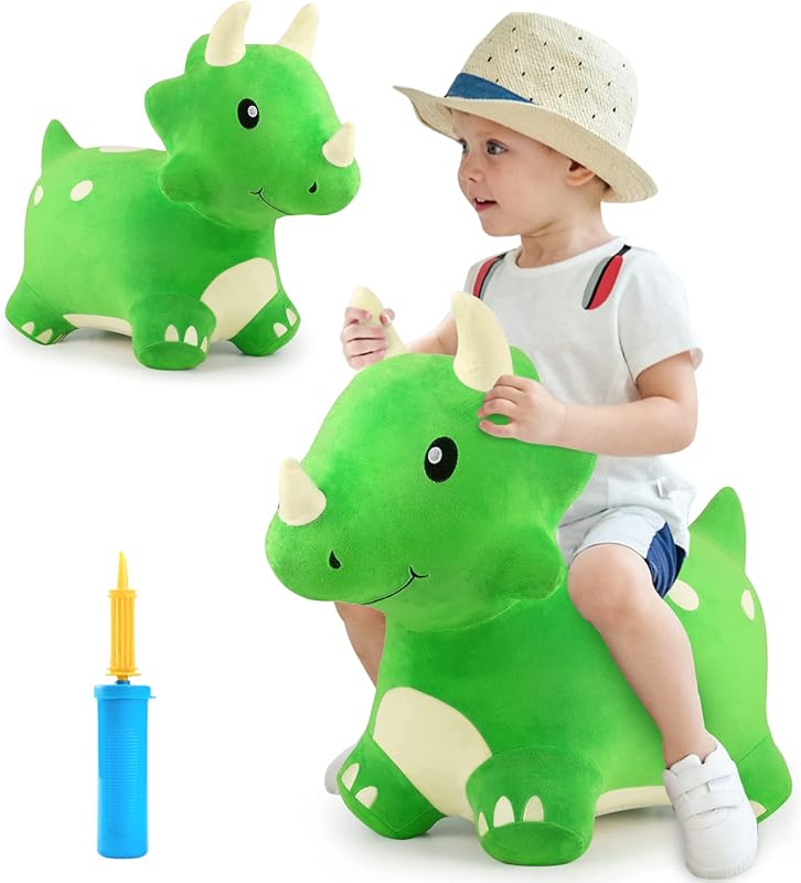 iPlay, iLearn Bouncy Pals Dinosaur Hopper Toy, Plush Ride-On Tricerato