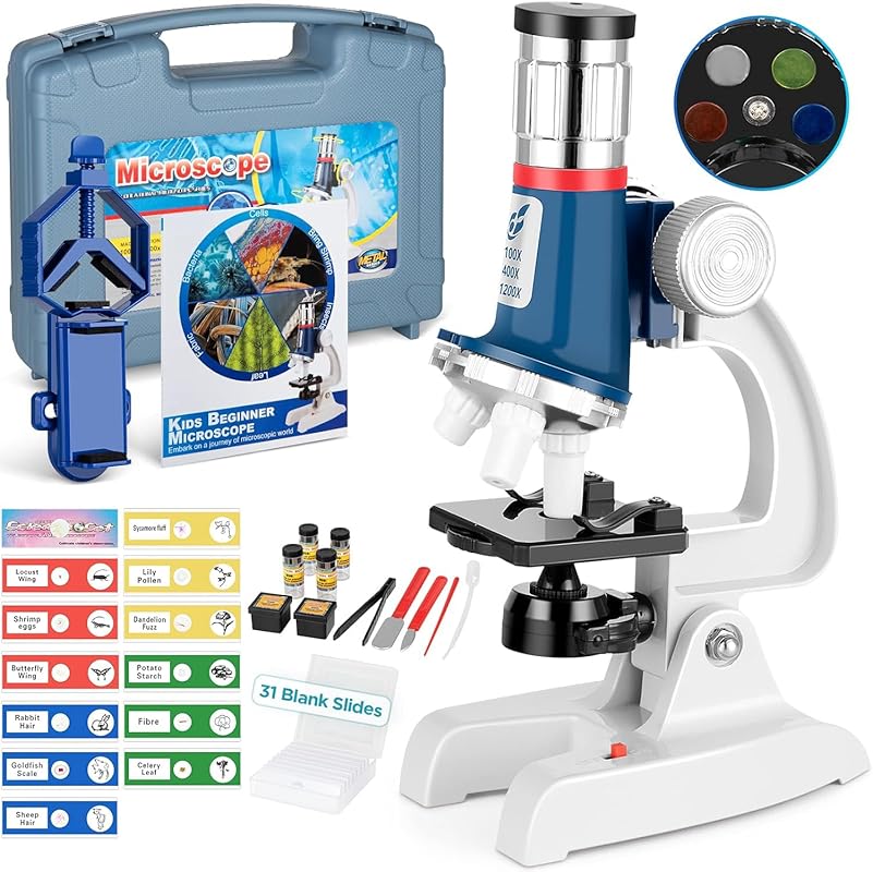 58-Piece Kids Microscope Kit with 100X-1200X Magnification Metal Body 