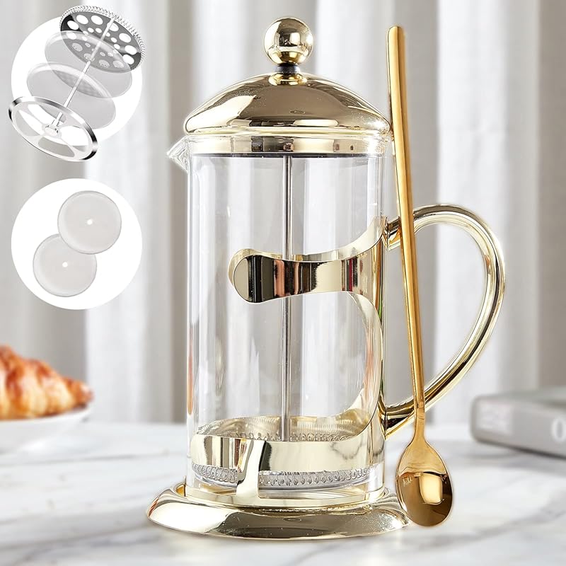 DUJUST Gold French Press Coffee Maker with 4-Level Filter System, Dura