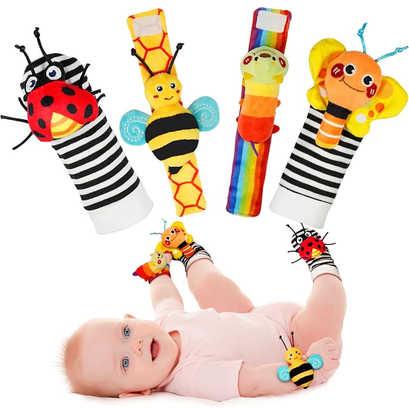 Infinno Baby Wrist Rattle Socks and Foot Finder Set, Soft Baby Toys fo