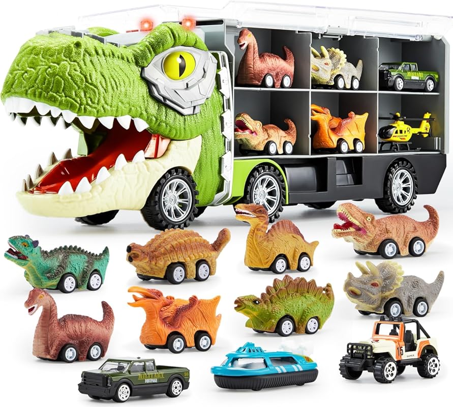 JOYIN 13-in-1 Dinosaur Truck Toy with 12 Pull-Back Cars, Perfect Birth