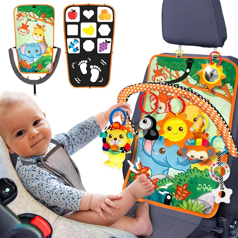 Double Sided Baby Car Seat Animal Toys with Plush, Mirror, and Teether