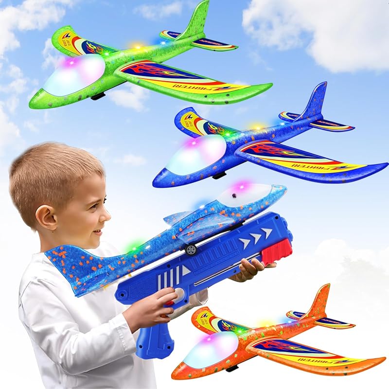 3 Pack Foam Airplane Launcher Toys with 2 Flight Modes, Outdoor Flying
