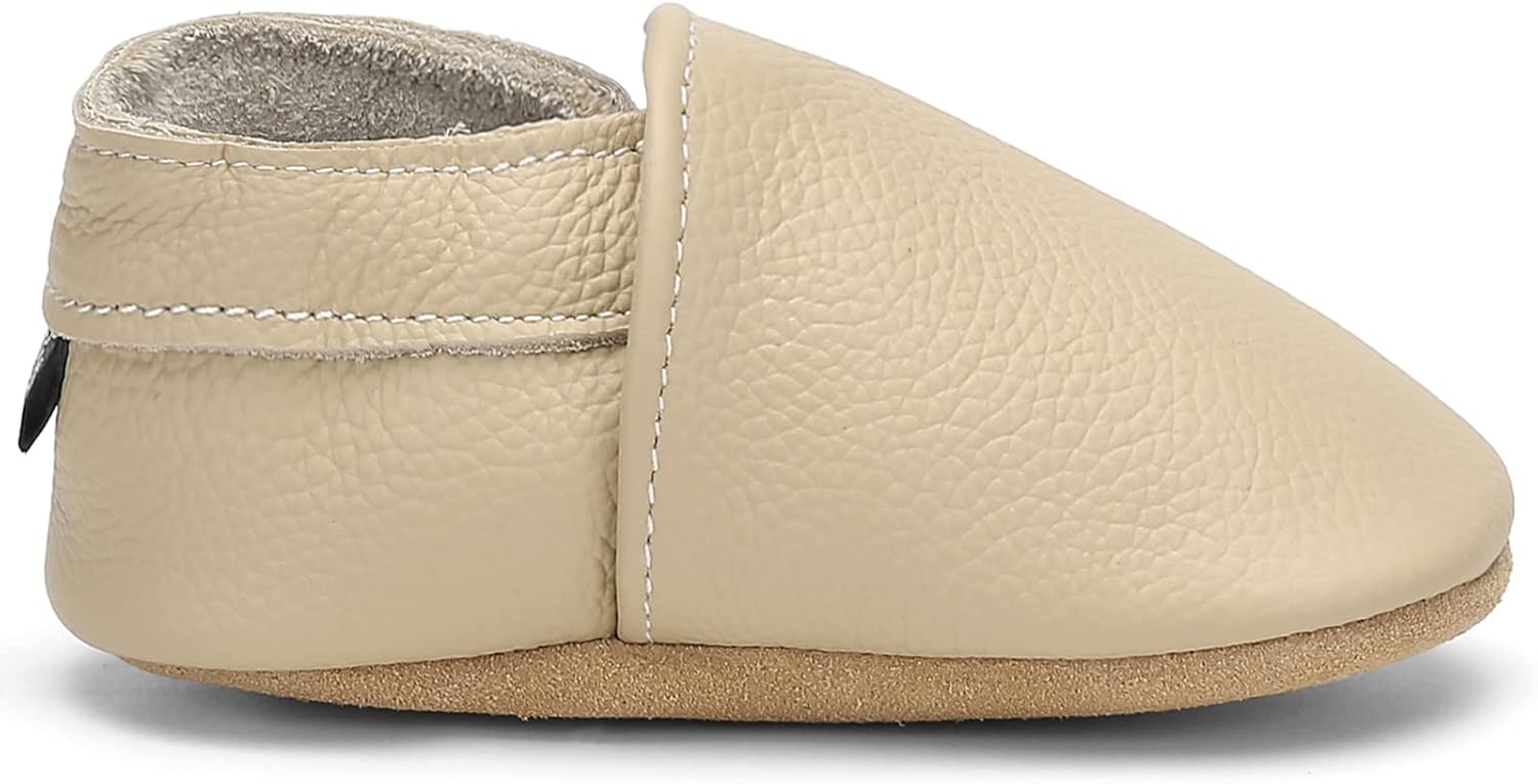 OWLOWLA Soft Sole Leather Baby First Walking Crib Shoes, Slip-on Mocca