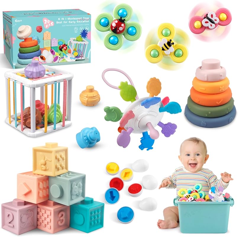 6 in 1 Montessori Baby Toy Set with Stacking Blocks, Rings, Teether, a