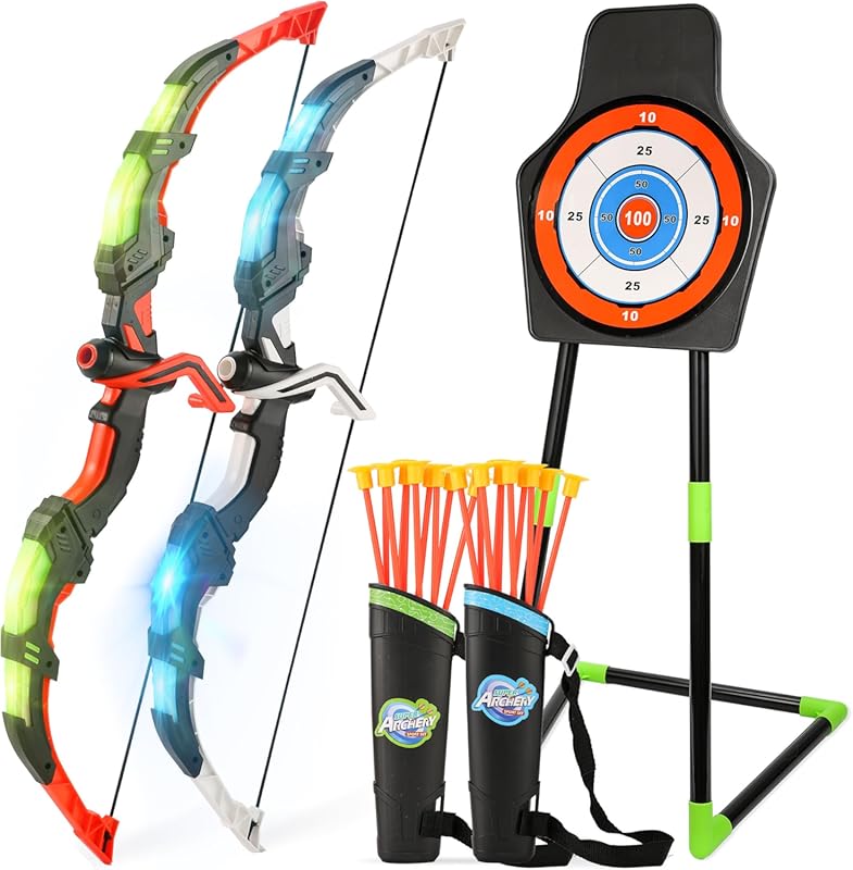 Bow and Arrow Set 2-Pack LED Light Up Archery Toy with 20 Suction Cup
