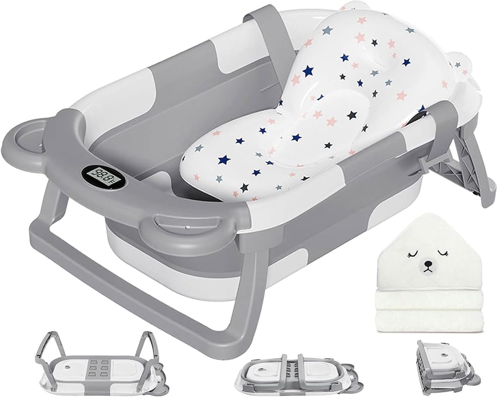 MoreFeel Collapsible Baby Bathtub with Thermometer, Hooded Towel, and