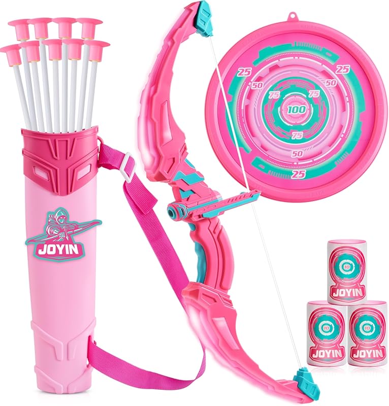 JOYIN Pink Bow and Arrow LED Set for Girls – 9 Suction Cup Arrows with