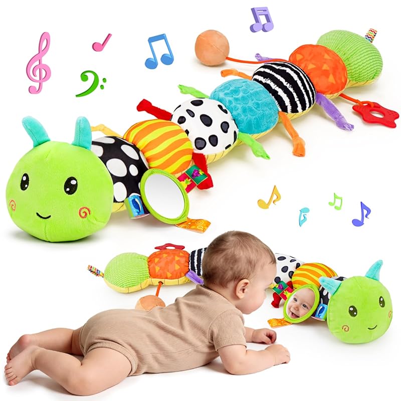 Baby Sensory Music and Animal Plush Caterpillar Toy with Mirror, Crink