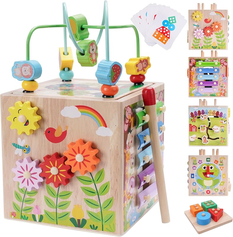 Pink Wooden Montessori Activity Cube with Sorting & Stacking Games for