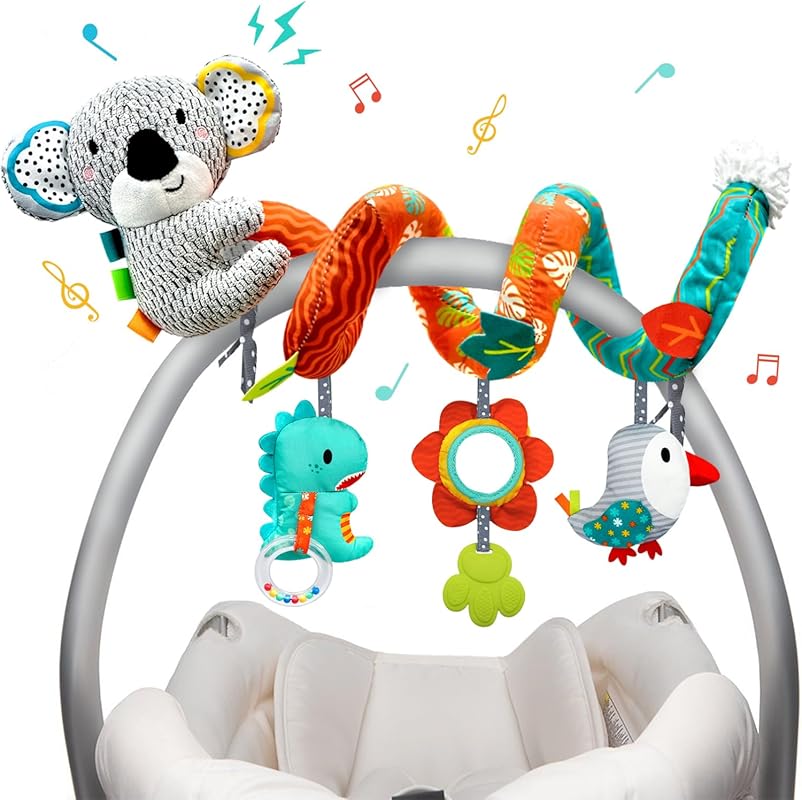 XIXILAND Car Seat Toys with Dinosaur, Lion, Mirror & Teether for Infan