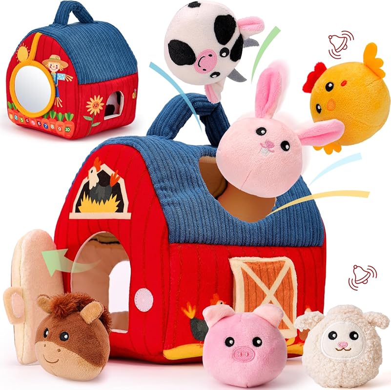 Hahaland Surprise Barn Stuffed Farm Animals Sensory Toy for Babies 6-1