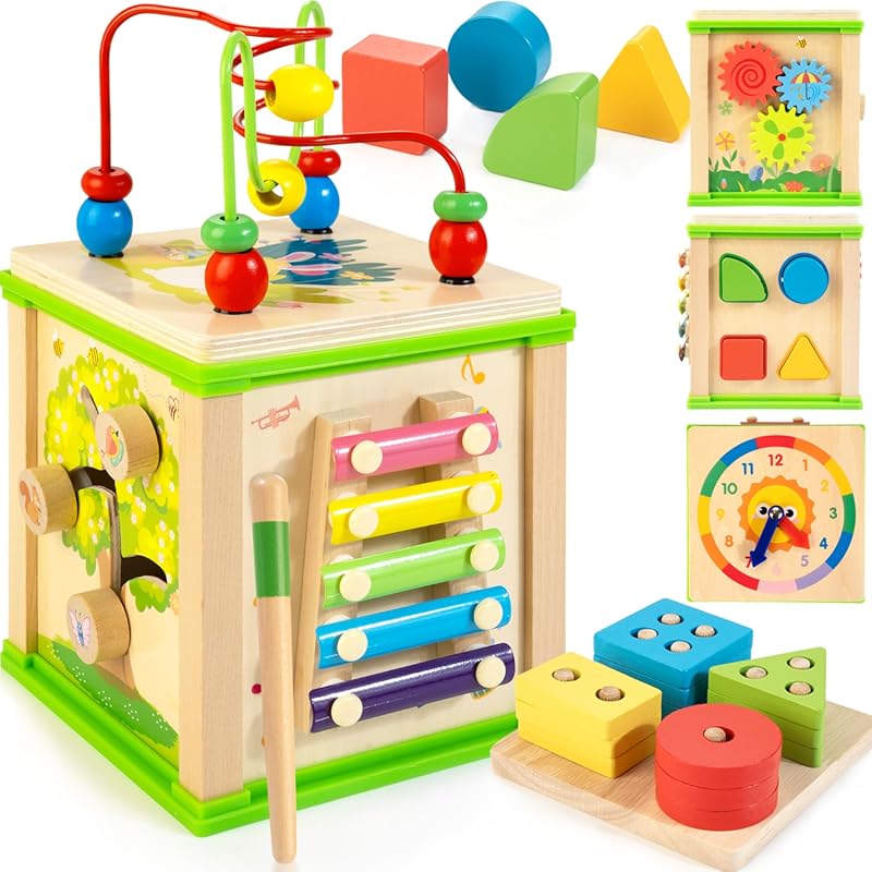 Wooden Montessori 7-in-1 Activity Cube with Sorting & Stacking Board f