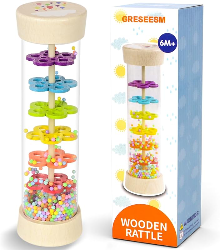 Montessori Wooden Rain Stick Rattle Toy for Babies 6-12 Months, Sensor