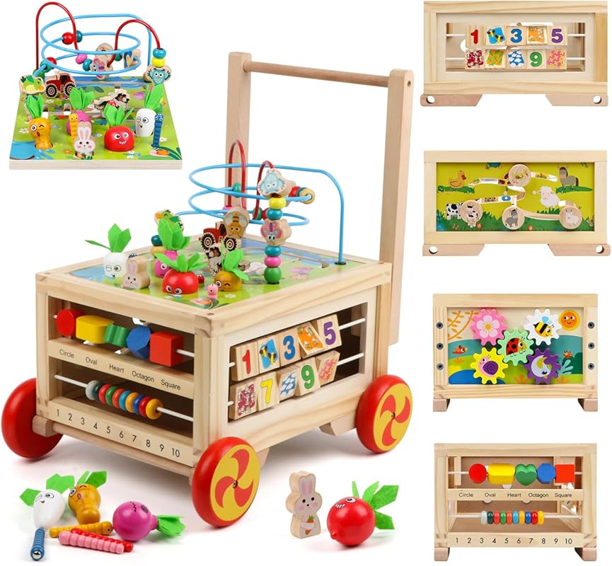 Wooden 7-in-1 Activity Cube with Bead Maze, Gear, Number & Animal Game