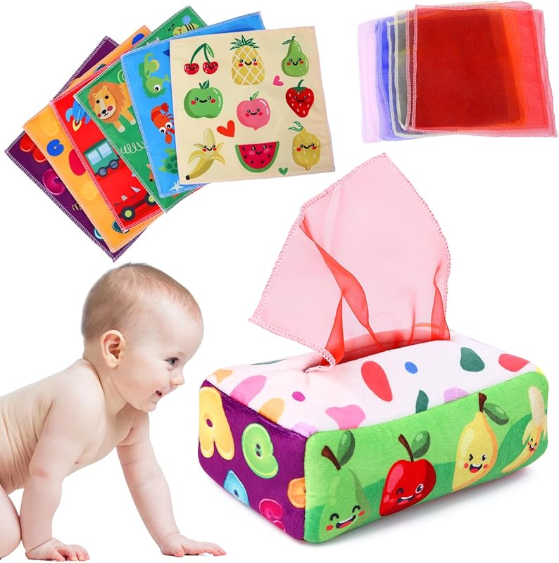 YOGINGO Montessori Tissue Box Toy with High Contrast Crinkle, Soft Sen