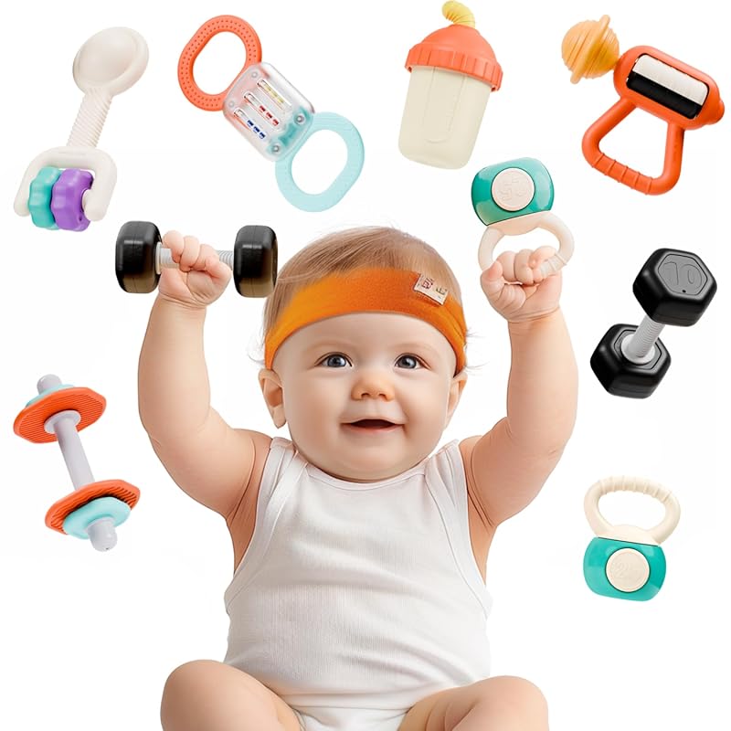 iPlay, iLearn Baby First Gym Rattle Set with Dumbbell Teething Toys fo