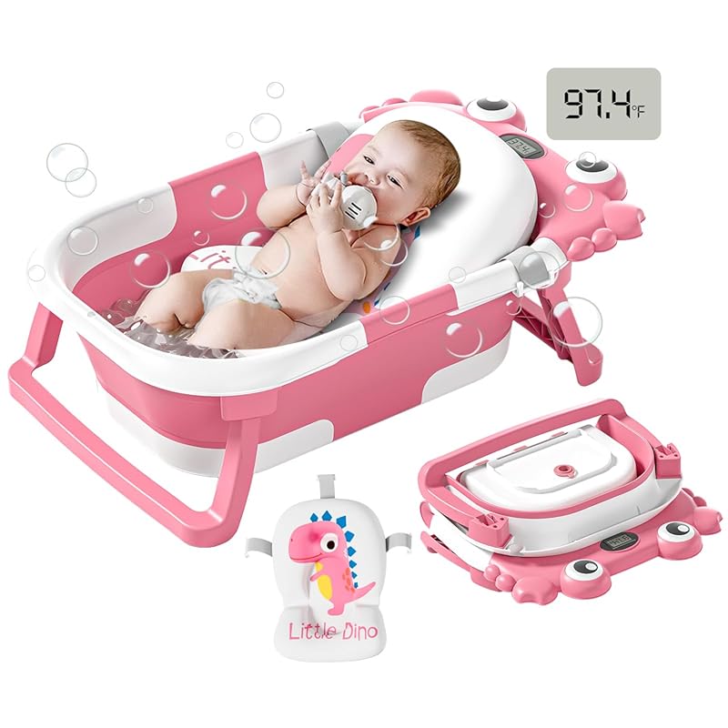 Pink Collapsible Baby Bathtub with Real-Time Temperature Monitor, Floa