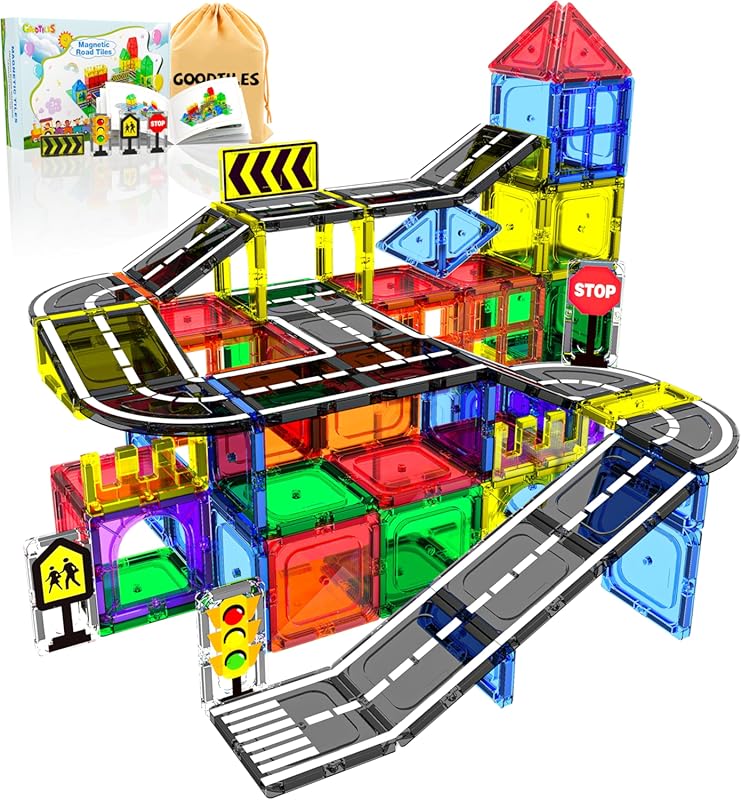 Magnetic Tiles Road Set with Building Blocks, Montessori Educational T