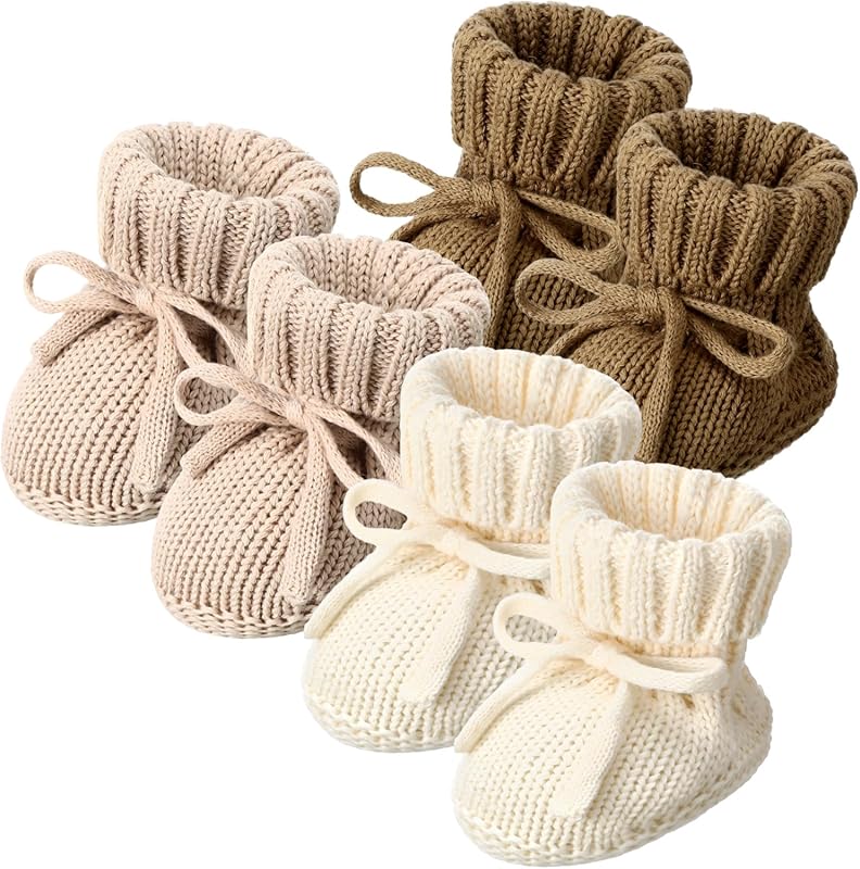 3 Pairs Knitted Baby Booties for Newborns 0-6 Months, Cozy First Walke