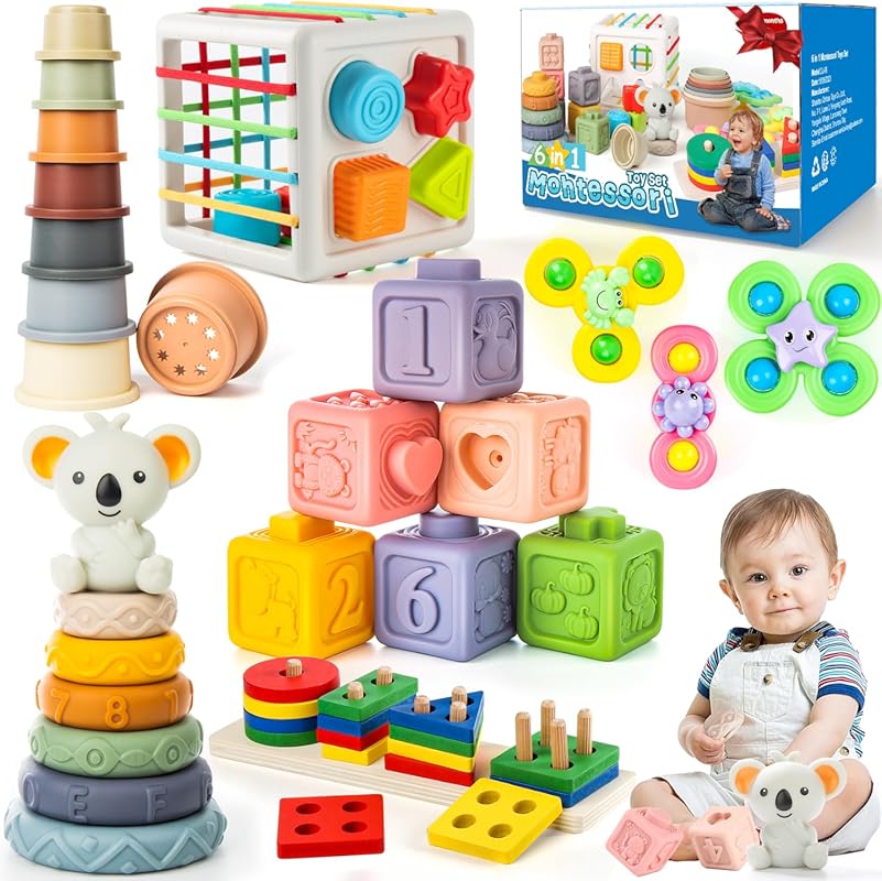 6-in-1 Montessori Baby Toy with Stacking Blocks, Rings, Teether, and S