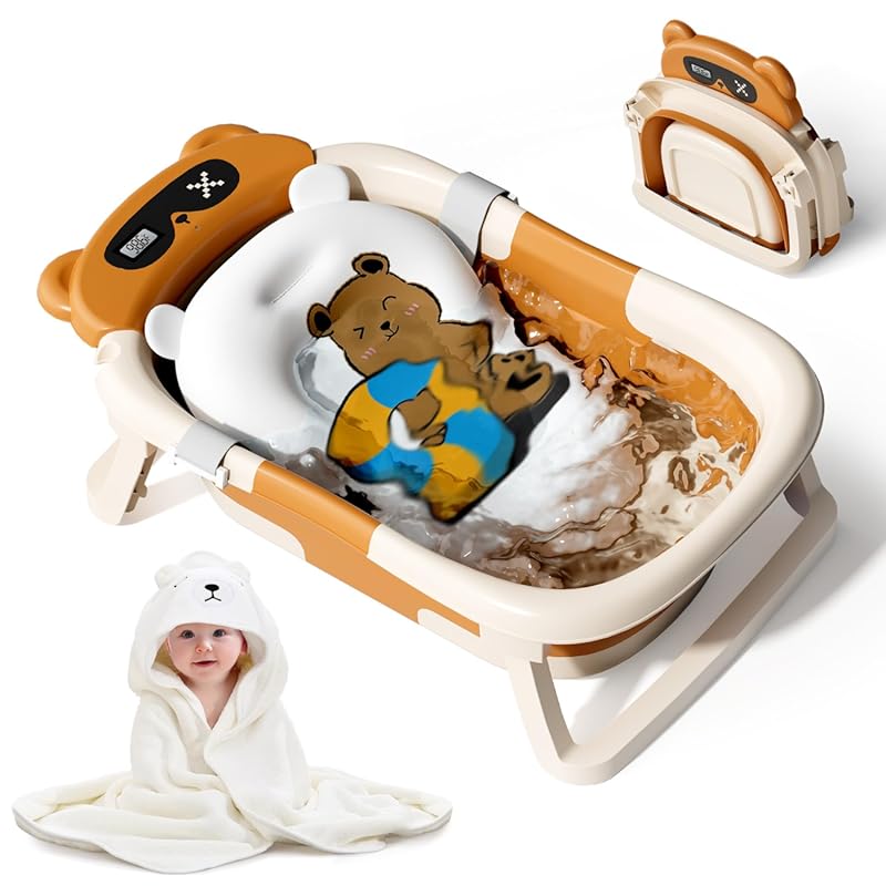 Foldable Collapsible Baby Bathtub with Soft Towel for Newborns to 18 M