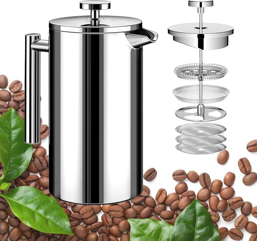 Small 21oz Double Wall Insulated Stainless Steel French Press with 3 U