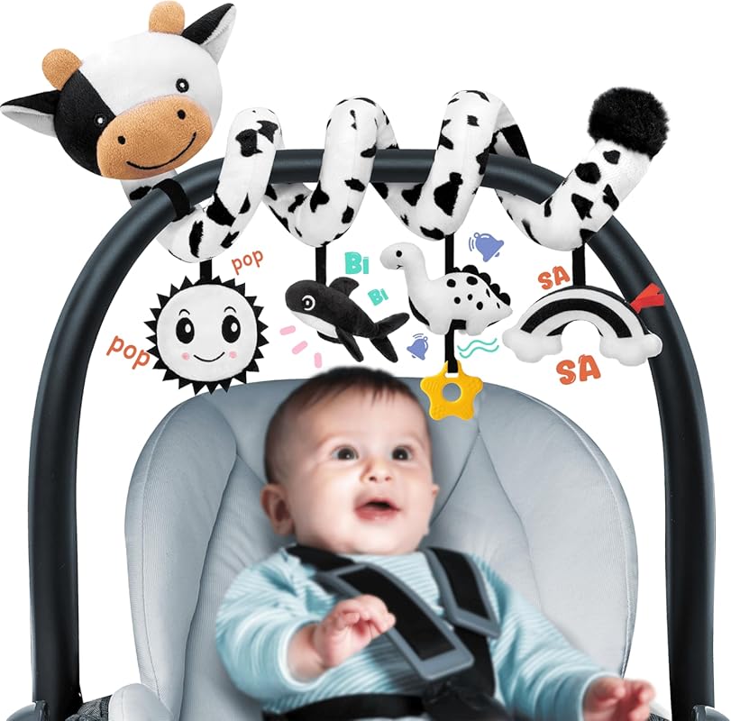 High Contrast Black and White Spiral Car Seat Baby Toy for 0-6 Months
