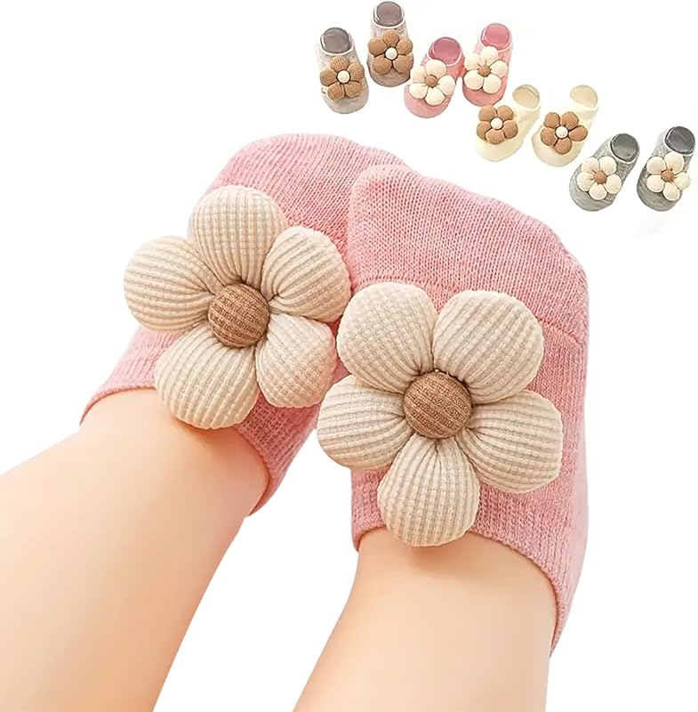 4Packs Baby Girls Flower Socks with Non-Slip Grips Low Cut Ankle Socks